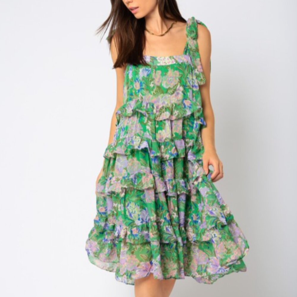 Green floral Tie up Strap Dress